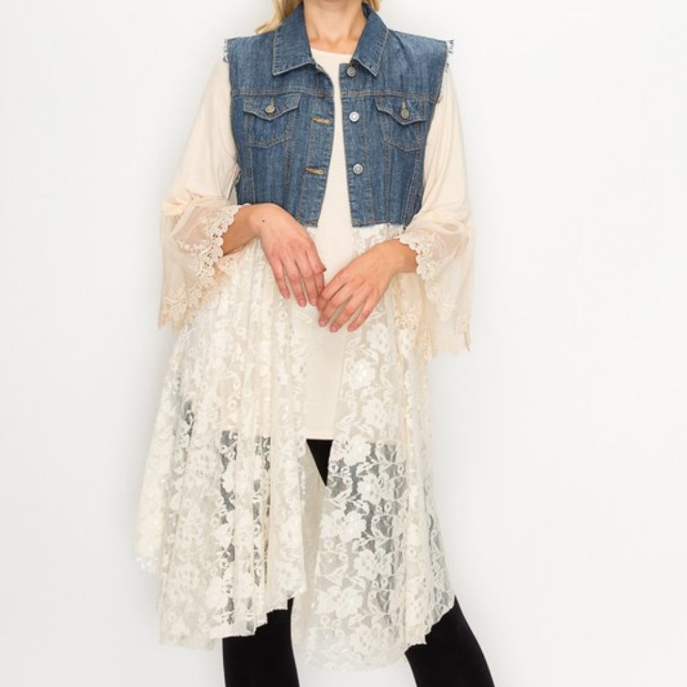 ORIGAMI VEST SHIRT bohemian western flare natural lace and denim vintage SM-3X